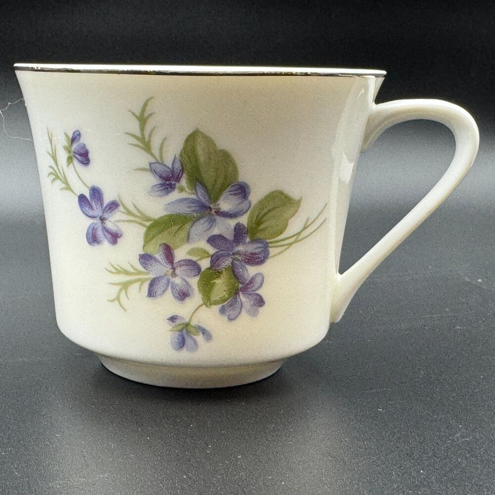 Japanese Porcelain Violets Floral Mug Purple Green Metallic Rim Japan Mark 8oz